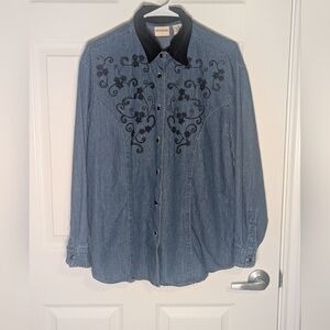 Crossroads Embroidered Denim Button Down Shirt | Western Floral | Medium